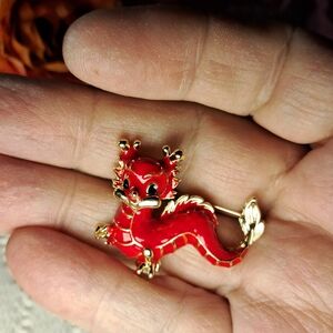 Fierce Red Enamel Goldtone Dragon Statement Brooch